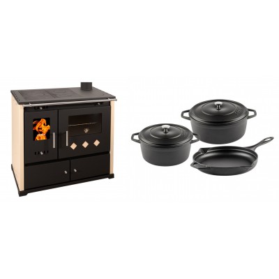 Set Küchenofen / Küchenhexe Prometey Practik Lux, Elfenbein, rechter Kamin, 9.5kW + Gusseisen Topf Set aus 3 teilen Solagio, Black Onyx - Kaminofen - Holzofen mit Backfach