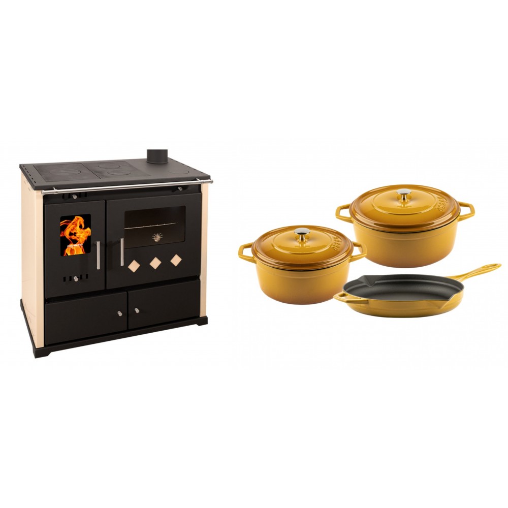 Set Küchenofen / Küchenhexe Prometey Practik Lux, Elfenbein, rechter Kamin, 9.5kW + Gusseisen Topf Set aus 3 teilen Solagio, Dijon