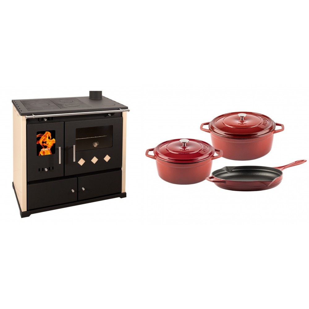 Set Küchenofen / Küchenhexe Prometey Practik Lux, Elfenbein, rechter Kamin, 9.5kW + Gusseisen Topf Set aus 3 teilen Solagio, Rubin
