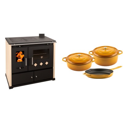 Set Küchenofen / Küchenhexe Prometey Practik Lux, Elfenbein, rechter Kamin, 9.5kW + Gusseisen Topf Set aus 3 teilen Solagio, Dijon - Kaminofen - Holzofen mit Backfach