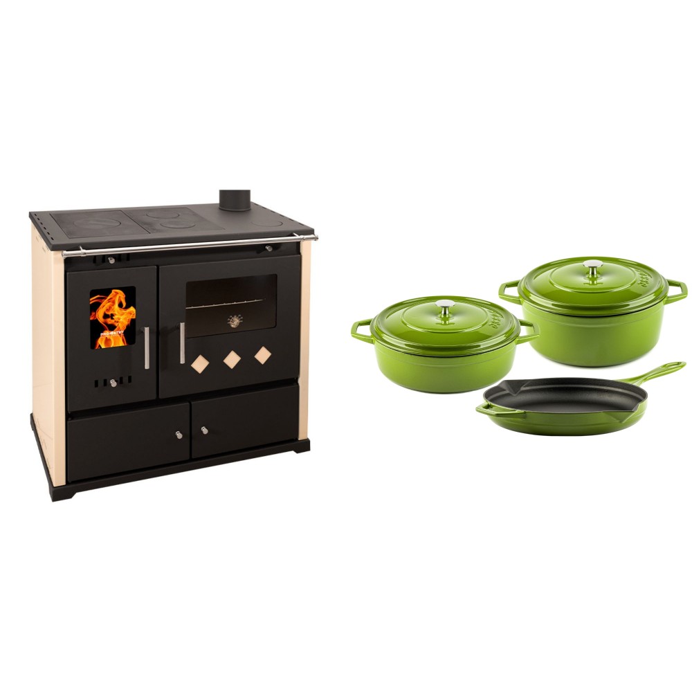 Set Küchenofen / Küchenhexe Prometey Practik Lux, Elfenbein, rechter Kamin, 9.5kW + Gusseisen Topf Set aus 3 teilen Solagio, Bamboo
