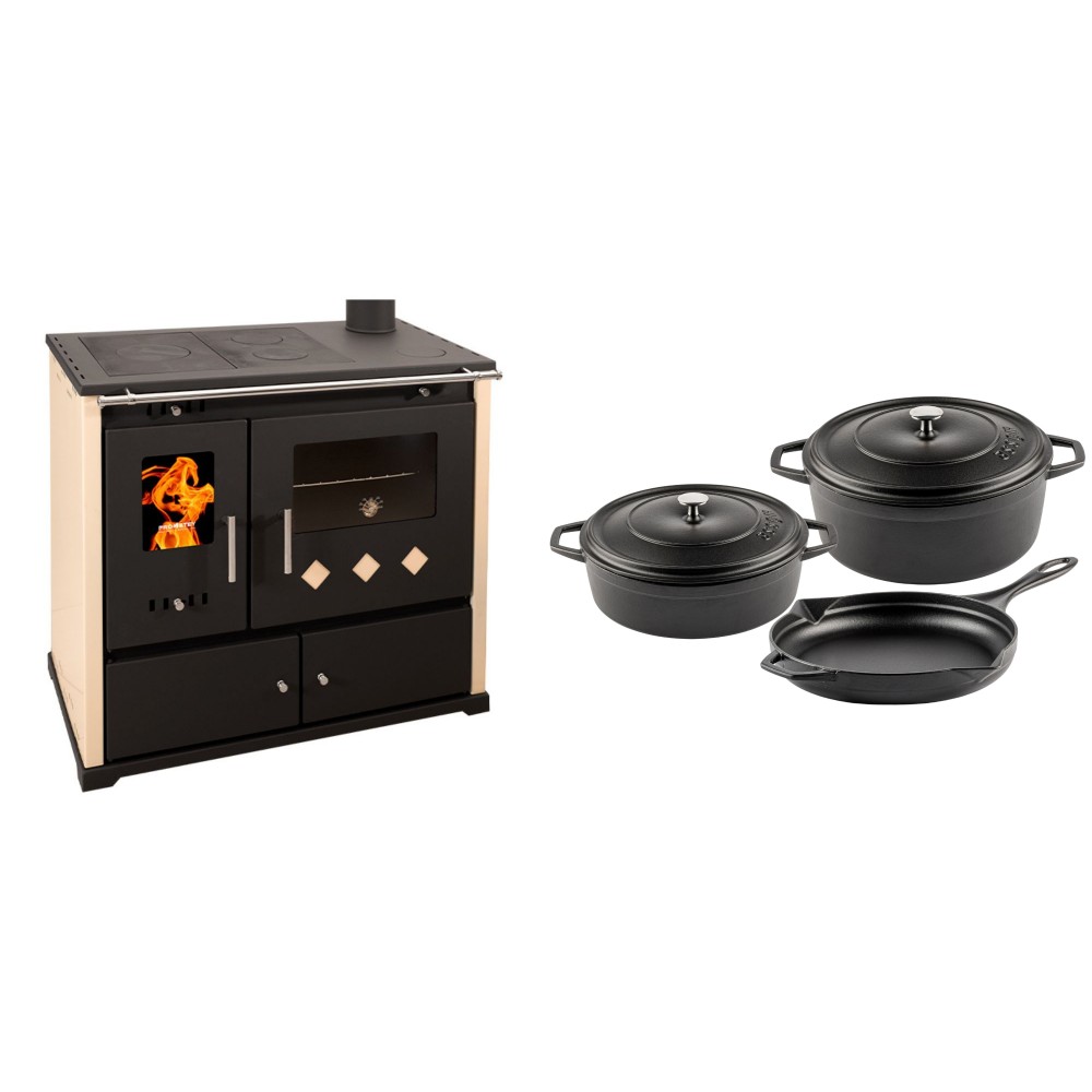 Set Küchenofen / Küchenhexe Prometey Practik Lux, Elfenbein, rechter Kamin, 9.5kW + Gusseisen Topf Set aus 3 teilen Solagio, Black Onyx | Kaminofen - Holzofen mit Backfach | Kaminofen |