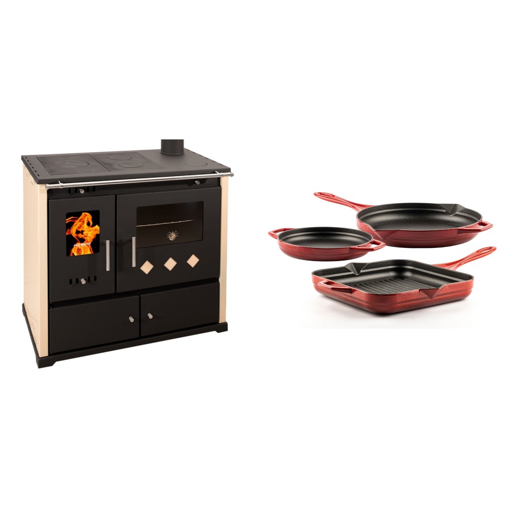 Set Küchenofen / Küchenhexe Prometey Practik Lux, Elfenbein, rechter Kamin, 9.5kW + Gusseisen Topf Set aus 3 teilen Solagio, Rubin | Kaminofen - Holzofen mit Backfach | Kaminofen |