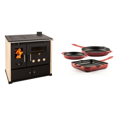 Set Küchenofen / Küchenhexe Prometey Practik Lux, Elfenbein, rechter Kamin, 9.5kW + Gusseisen Topf Set aus 3 teilen Solagio, Rubin - Kaminofen - Holzofen mit Backfach