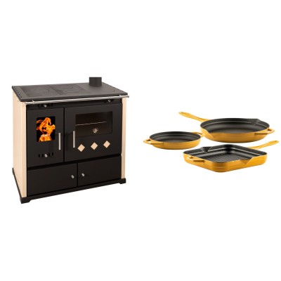 Set Küchenofen / Küchenhexe Prometey Practik Lux, Elfenbein, rechter Kamin, 9.5kW + Gusseisen Topf Set aus 3 teilen Solagio, Dijon - Kaminofen - Holzofen mit Backfach