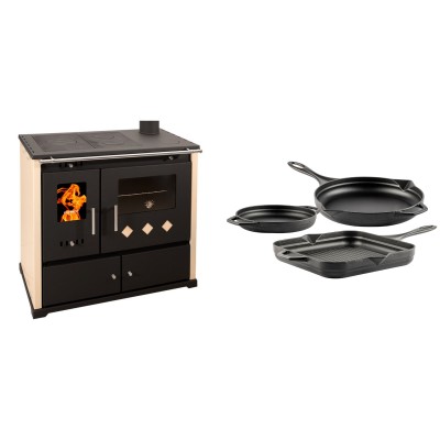 Set Küchenofen / Küchenhexe Prometey Practik Lux, Elfenbein, rechter Kamin, 9.5kW + Gusseisen Topf Set aus 3 teilen Solagio, Black Onyx - Kaminofen - Holzofen mit Backfach