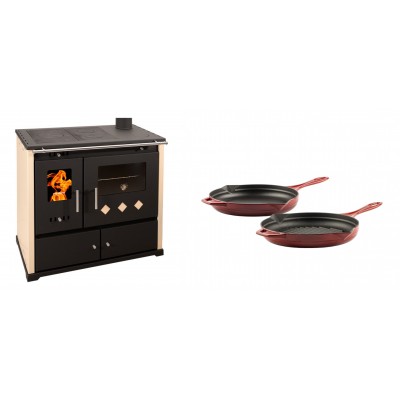 Set Küchenofen / Küchenhexe Prometey Practik Lux, Elfenbein, rechter Kamin, 9.5kW + Gusseisen Topf Set aus 2 teilen Solagio, Rubin - Kaminofen - Holzofen mit Backfach