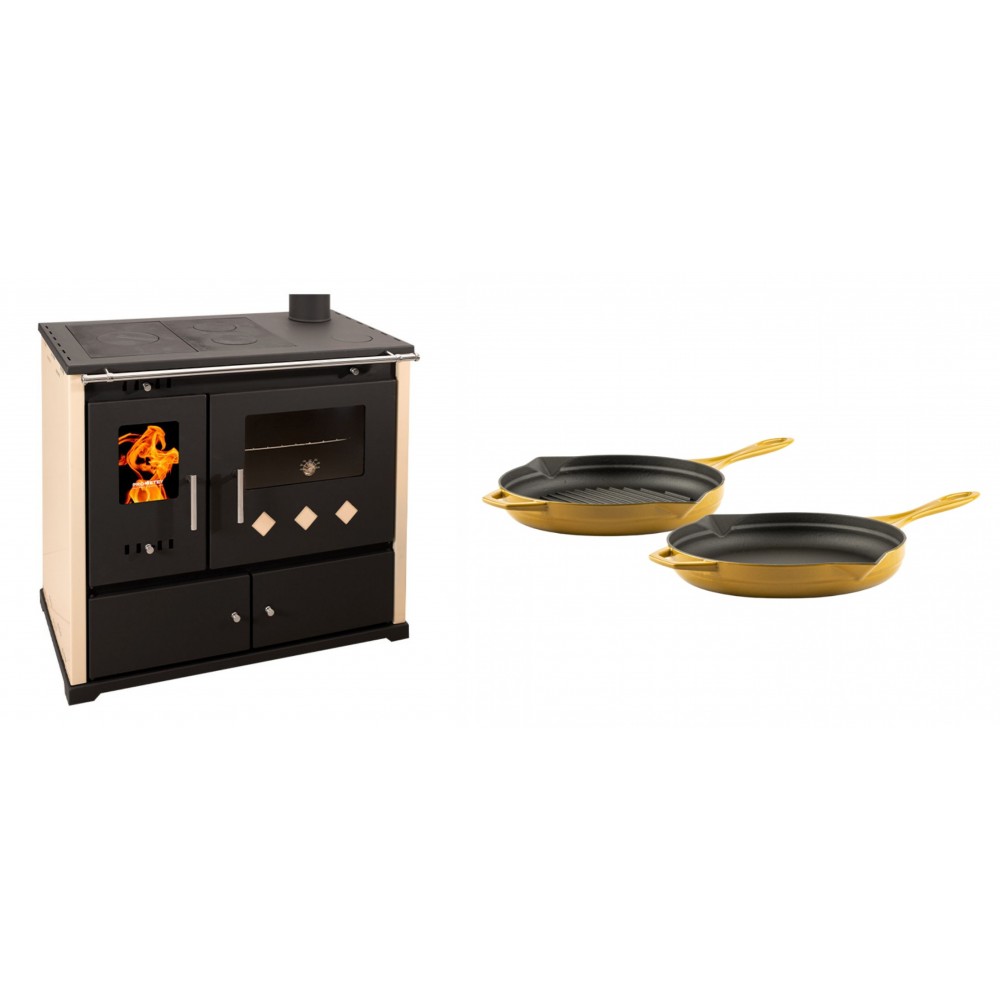 Set Küchenofen / Küchenhexe Prometey Practik Lux, Elfenbein, rechter Kamin, 9.5kW + Gusseisen Topf Set aus 2 teilen Solagio, Dijon
