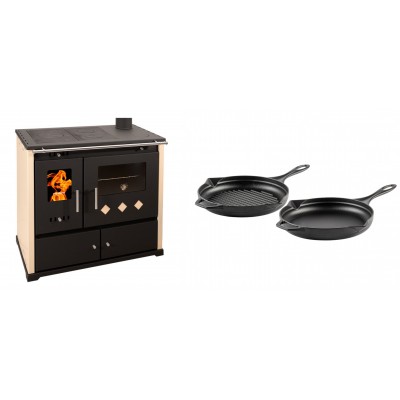 Set Küchenofen / Küchenhexe Prometey Practik Lux, Elfenbein, rechter Kamin, 9.5kW + Gusseisen Topf Set aus 2 teilen Solagio, Black Onyx - Kaminofen - Holzofen mit Backfach