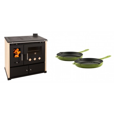 Set Küchenofen / Küchenhexe Prometey Practik Lux, Elfenbein, rechter Kamin, 9.5kW + Gusseisen Topf Set aus 2 teilen Solagio, Bamboo - Kaminofen - Holzofen mit Backfach