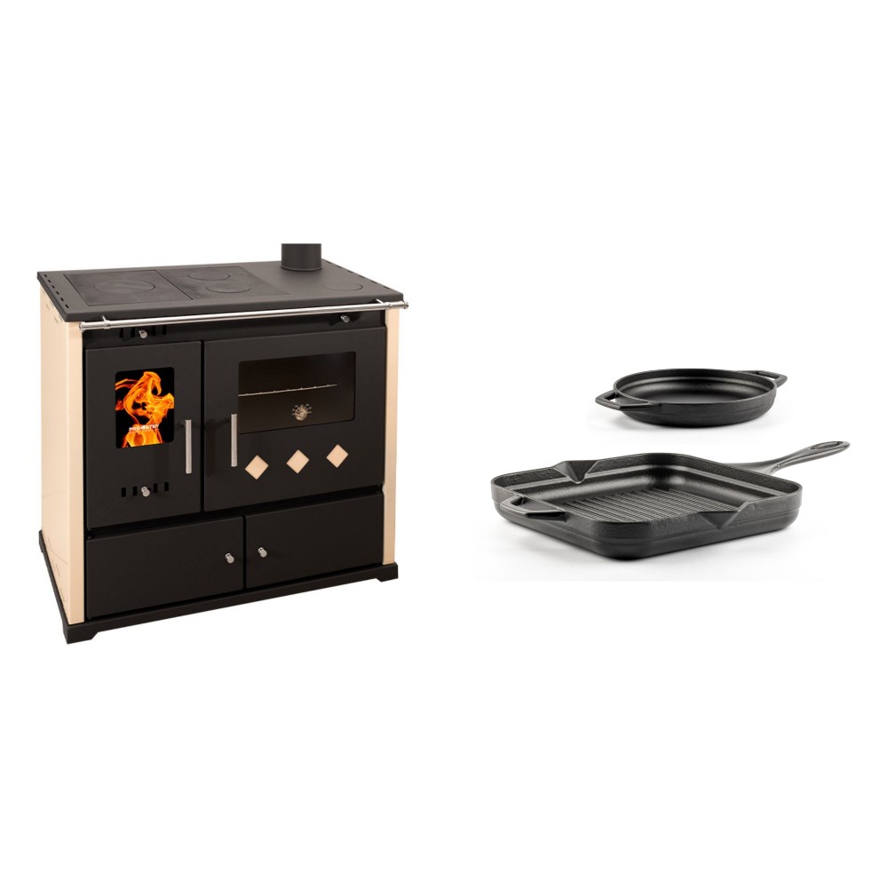 Set Küchenofen / Küchenhexe Prometey Practik Lux, Elfenbein, rechter Kamin, 9.5kW + Gusseisen Topf Set aus 2 teilen Solagio, Black Onyx | Kaminofen - Holzofen mit Backfach | Kaminofen |