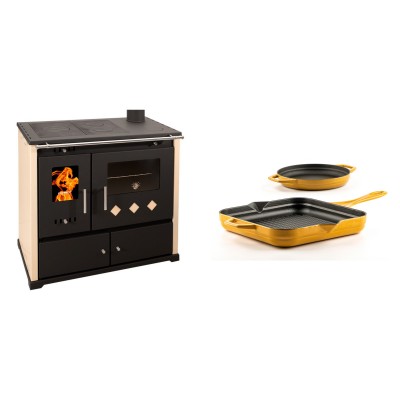 Set Küchenofen / Küchenhexe Prometey Practik Lux, Elfenbein, rechter Kamin, 9.5kW + Gusseisen Topf Set aus 2 teilen Solagio, Dijon - Kaminofen - Holzofen mit Backfach