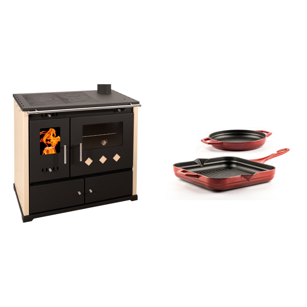 Set Küchenofen / Küchenhexe Prometey Practik Lux, Elfenbein, rechter Kamin, 9.5kW + Gusseisen Topf Set aus 2 teilen Solagio, Rubin
