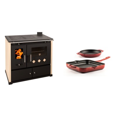 Set Küchenofen / Küchenhexe Prometey Practik Lux, Elfenbein, rechter Kamin, 9.5kW + Gusseisen Topf Set aus 2 teilen Solagio, Rubin - Kaminofen - Holzofen mit Backfach