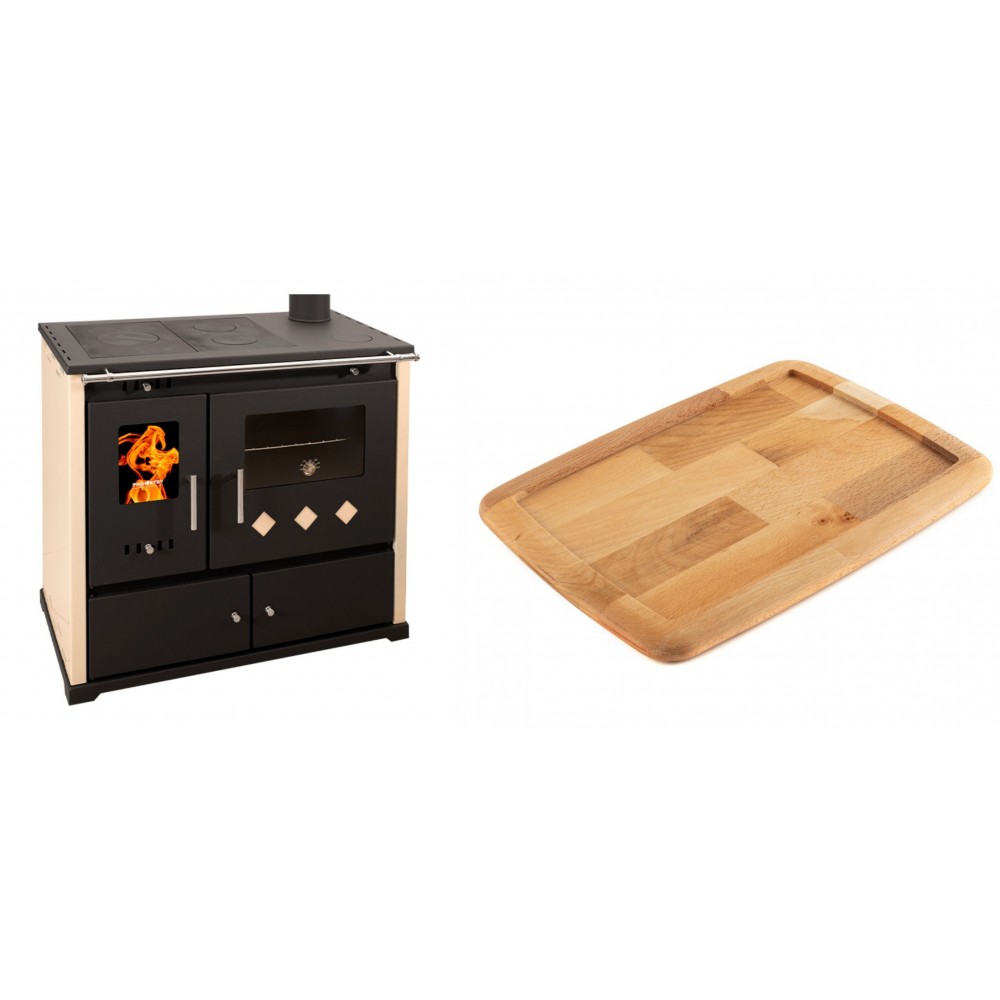 Set Küchenofen / Küchenhexe Prometey Practik Lux, Elfenbein, rechter Kamin, 9.5kW + Holz untersetzer für gusseisenplatte Solagio HSST2131