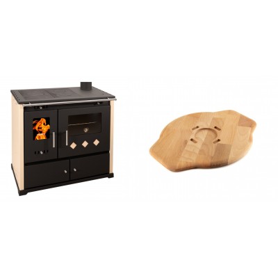 Set Küchenofen / Küchenhexe Prometey Practik Lux, Elfenbein, rechter Kamin, 9.5kW + Holz untersetzer für Gusseisenplatte Solagio HSYSAK28 - Kaminofen - Holzofen mit Backfach