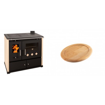 Set Küchenofen / Küchenhexe Prometey Practik Lux, Elfenbein, rechter Kamin, 9.5kW + Holz untersetzer für ovale gusseisenpfanne Solagio HSFT1825 - Kaminofen - Holzofen mit Backfach