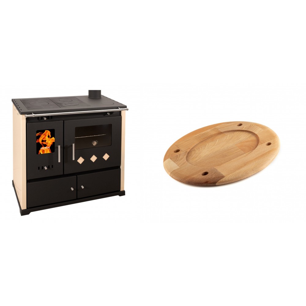 Set Küchenofen / Küchenhexe Prometey Practik Lux, Elfenbein, rechter Kamin, 9.5kW + Holz untersetzer für ovale platte Solagio HSOISK2533, 25x33cm | Kaminofen - Holzofen mit Backfach | Kaminofen |