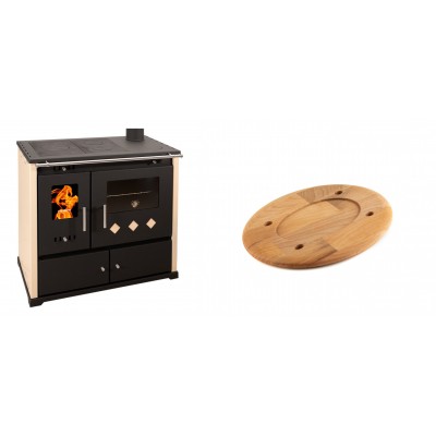 Set Küchenofen / Küchenhexe Prometey Practik Lux, Elfenbein, rechter Kamin, 9.5kW + Holz untersetzer für ovale platte Solagio HSOISK1728, 17x28cm - Kaminofen - Holzofen mit Backfach