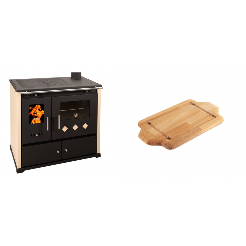 Set Küchenofen / Küchenhexe Prometey Practik Lux, Elfenbein, rechter Kamin, 9.5kW + Holz untersetzer für mini-gusseisenplatte Solagio HSDDHP1522