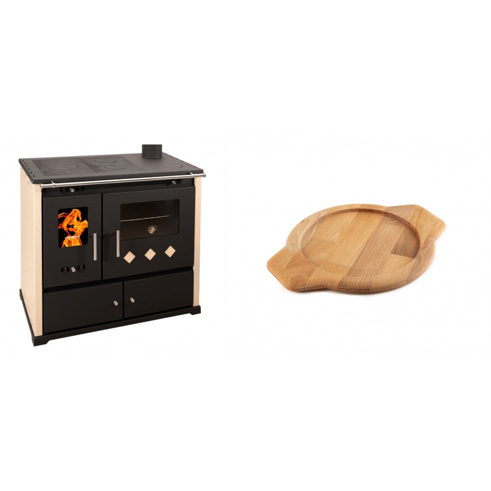 Set Küchenofen / Küchenhexe Prometey Practik Lux, Elfenbein, rechter Kamin, 9.5kW + Holz untersetzer für gusseisenschüssel Solagio HSYKTV22 | Kaminofen - Holzofen mit Backfach | Kaminofen |