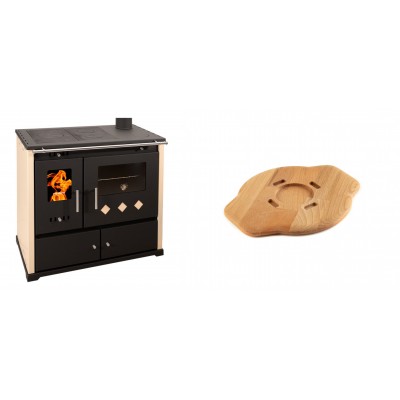 Set Küchenofen / Küchenhexe Prometey Practik Lux, Elfenbein, rechter Kamin, 9.5kW + Holz untersetzer für gusseisenplatte Solagio HSYSAK20 - Kaminofen - Holzofen mit Backfach
