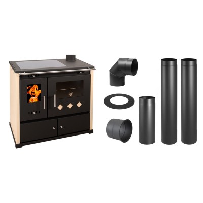 Set Küchenofen / Küchenhexe Prometey Practik Lux mit Cerankochfeld, Rauchabzug rechts, elfenbein, 9.5kW + Schornstein Bausatz PARKANEX, Stahl Ø130, Dicke 2mm - Kaminofen - Holzofen mit Backfach