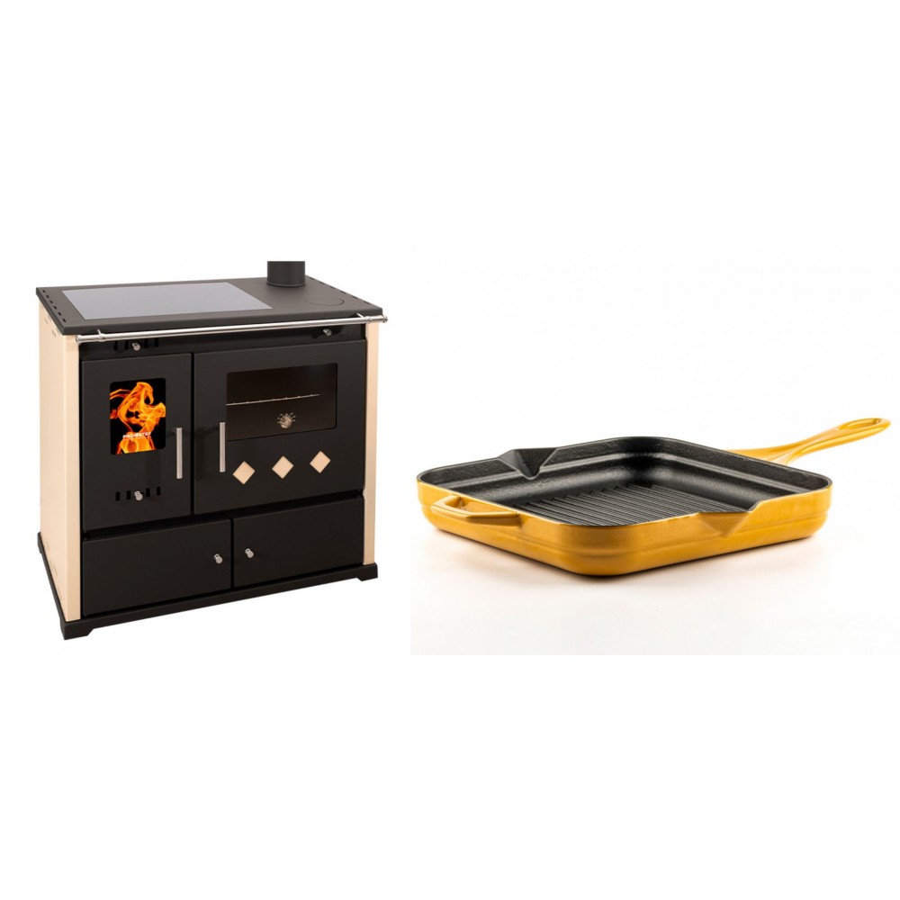 Set Küchenofen / Küchenhexe Prometey Practik Lux mit Cerankochfeld, Rauchabzug rechts, elfenbein, 9.5kW + Emaillierte grillpfanne Gusseisen Solagio, Dijon, 28х28cm