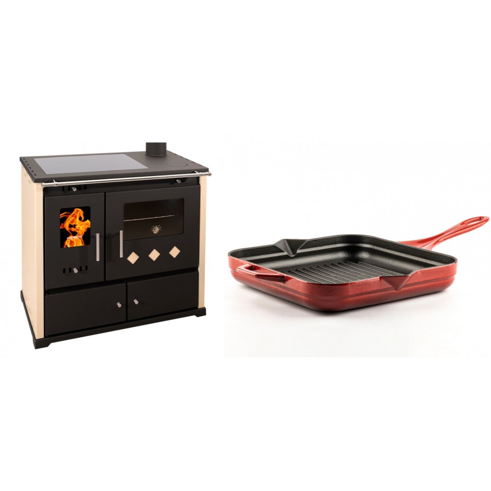 Set Küchenofen / Küchenhexe Prometey Practik Lux mit Cerankochfeld, Rauchabzug rechts, elfenbein, 9.5kW + Emaillierte grillpfanne Gusseisen Solagio, Rubin, 28x28cm | Kaminofen - Holzofen mit Backfach | Kaminofen |