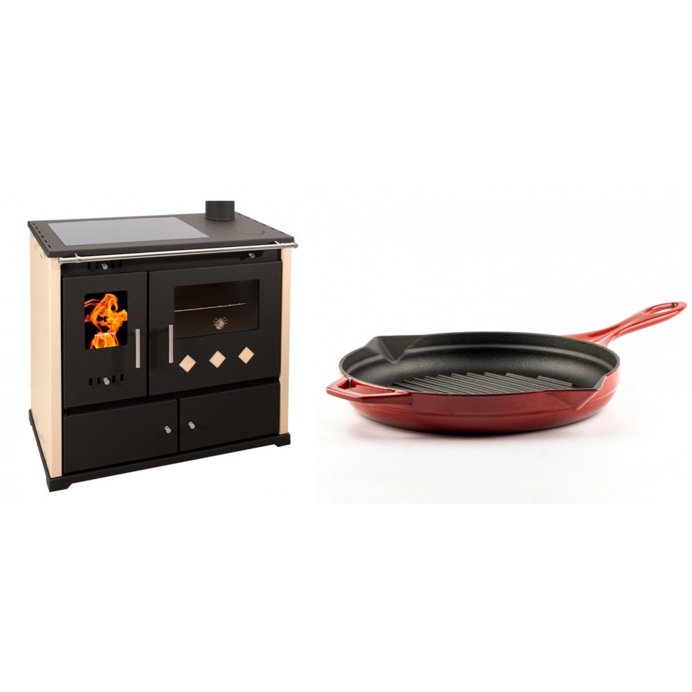 Set Küchenofen / Küchenhexe Prometey Practik Lux mit Cerankochfeld, Rauchabzug rechts, elfenbein, 9.5kW + Emaillierte grillpfanne Gusseisen Solagio, Rubin, Ф28cm | Kaminofen - Holzofen mit Backfach | Kaminofen |