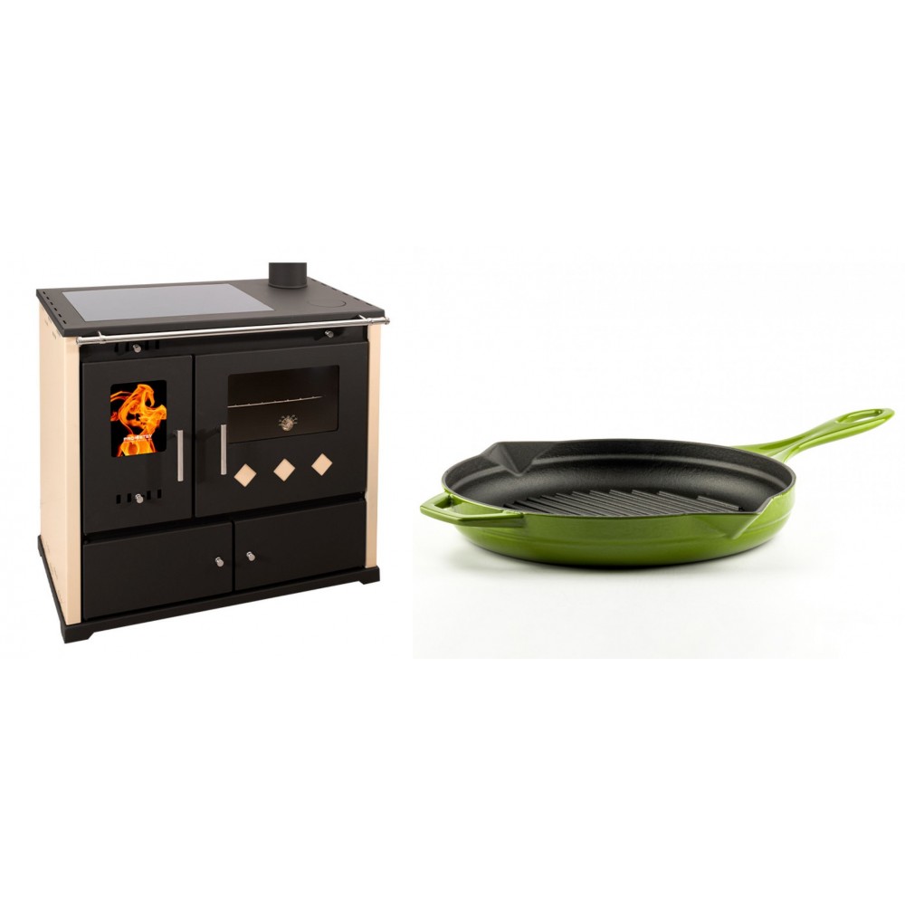 Set Küchenofen / Küchenhexe Prometey Practik Lux mit Cerankochfeld, Rauchabzug rechts, elfenbein, 9.5kW + Emaillierte grillpfanne Gusseisen Solagio, Bamboo, Ф28cm | Kaminofen - Holzofen mit Backfach | Kaminofen |