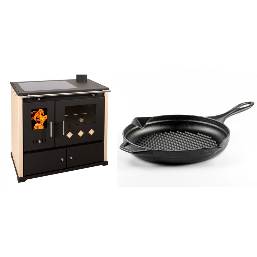 Set Küchenofen / Küchenhexe Prometey Practik Lux mit Cerankochfeld, Rauchabzug rechts, elfenbein, 9.5kW + Emaillierte grillpfanne Gusseisen Solagio, Black Onyx, Ф28cm | Kaminofen - Holzofen mit Backfach | Kaminofen |