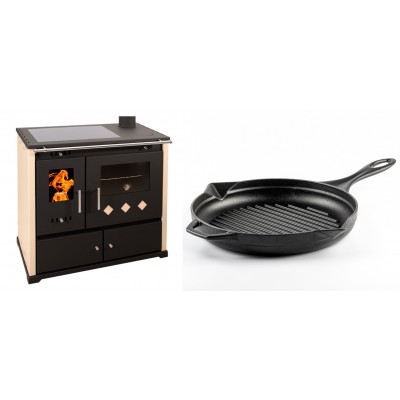 Set Küchenofen / Küchenhexe Prometey Practik Lux mit Cerankochfeld, Rauchabzug rechts, elfenbein, 9.5kW + Emaillierte grillpfanne Gusseisen Solagio, Black Onyx, Ф28cm - Kaminofen - Holzofen mit Backfach