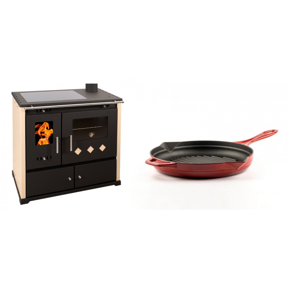 Set Küchenofen / Küchenhexe Prometey Practik Lux mit Cerankochfeld, Rauchabzug rechts, elfenbein, 9.5kW + Emaillierte grillpfanne Gusseisen Solagio, Rubin, Ф24cm