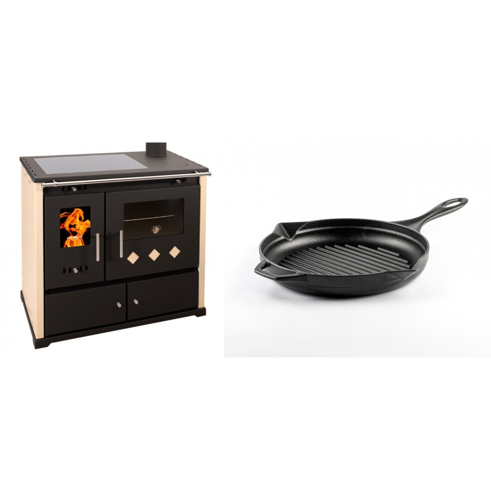 Set Küchenofen / Küchenhexe Prometey Practik Lux mit Cerankochfeld, Rauchabzug rechts, elfenbein, 9.5kW + Emaillierte grillpfanne Gusseisen Solagio, Black Onyx, Ф24cm