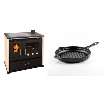 Set Küchenofen / Küchenhexe Prometey Practik Lux mit Cerankochfeld, Rauchabzug rechts, elfenbein, 9.5kW + Emaillierte grillpfanne Gusseisen Solagio, Black Onyx, Ф24cm - Kaminofen - Holzofen mit Backfach