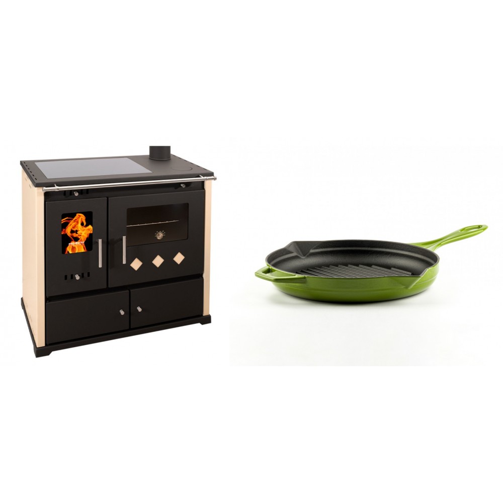 Set Küchenofen / Küchenhexe Prometey Practik Lux mit Cerankochfeld, Rauchabzug rechts, elfenbein, 9.5kW + Emaillierte grillpfanne Gusseisen Solagio, Bamboo, Ф24cm