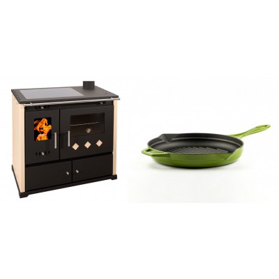 Set Küchenofen / Küchenhexe Prometey Practik Lux mit Cerankochfeld, Rauchabzug rechts, elfenbein, 9.5kW + Emaillierte grillpfanne Gusseisen Solagio, Bamboo, Ф24cm - Kaminofen - Holzofen mit Backfach