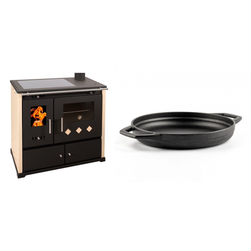 Set Küchenofen / Küchenhexe Prometey Practik Lux mit Cerankochfeld, Rauchabzug rechts, elfenbein, 9.5kW + Emaillierte gusseisenpfanne mit zwei Griffen Solagio, Black Onyx, Ф22cm