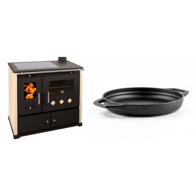 Set Küchenofen / Küchenhexe Prometey Practik Lux mit Cerankochfeld, Rauchabzug rechts, elfenbein, 9.5kW + Emaillierte gusseisenpfanne mit zwei Griffen Solagio, Black Onyx, Ф22cm - Kaminofen - Holzofen mit Backfach