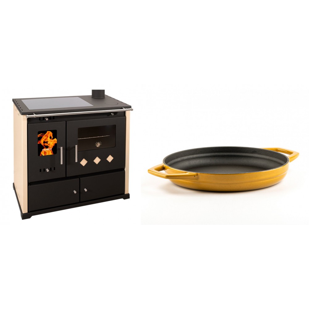 Set Küchenofen / Küchenhexe Prometey Practik Lux mit Cerankochfeld, Rauchabzug rechts, elfenbein, 9.5kW + Emaillierte gusseisenpfanne mit zwei Griffen Solagio, Dijon, Ф22cm | Kaminofen - Holzofen mit Backfach | Kaminofen |