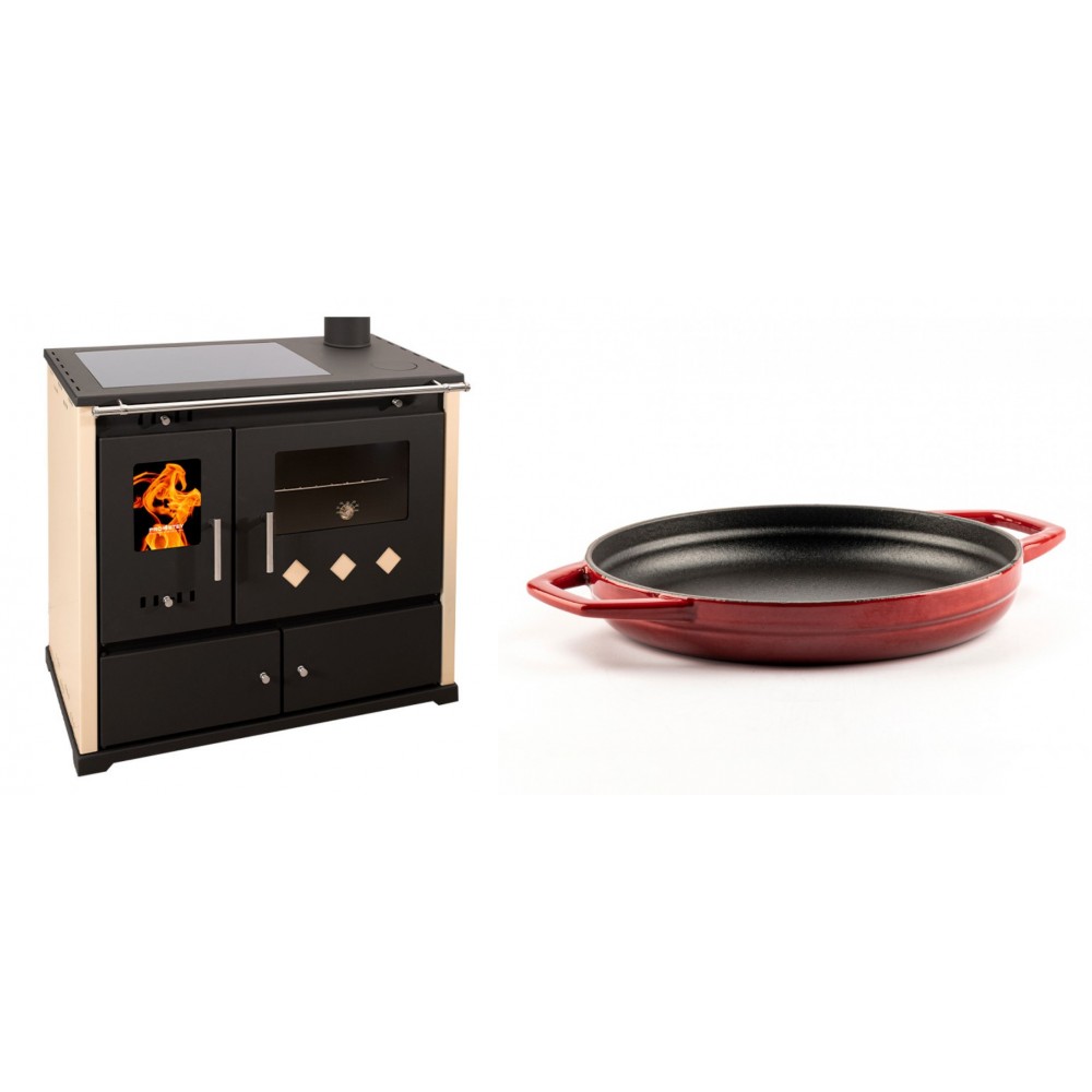 Set Küchenofen / Küchenhexe Prometey Practik Lux mit Cerankochfeld, Rauchabzug rechts, elfenbein, 9.5kW + Emaillierte gusseisenpfanne mit zwei Griffen Solagio, Rubin, Ф22cm