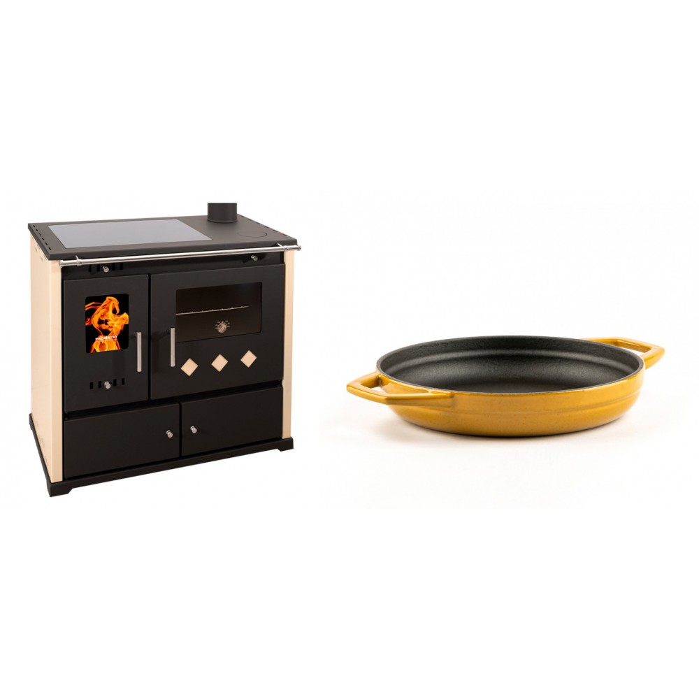 Set Küchenofen / Küchenhexe Prometey Practik Lux mit Cerankochfeld, Rauchabzug rechts, elfenbein, 9.5kW + Emaillierte gusseisenpfanne mit zwei Griffen Solagio, Dijon, Ф19cm | Kaminofen - Holzofen mit Backfach | Kaminofen |