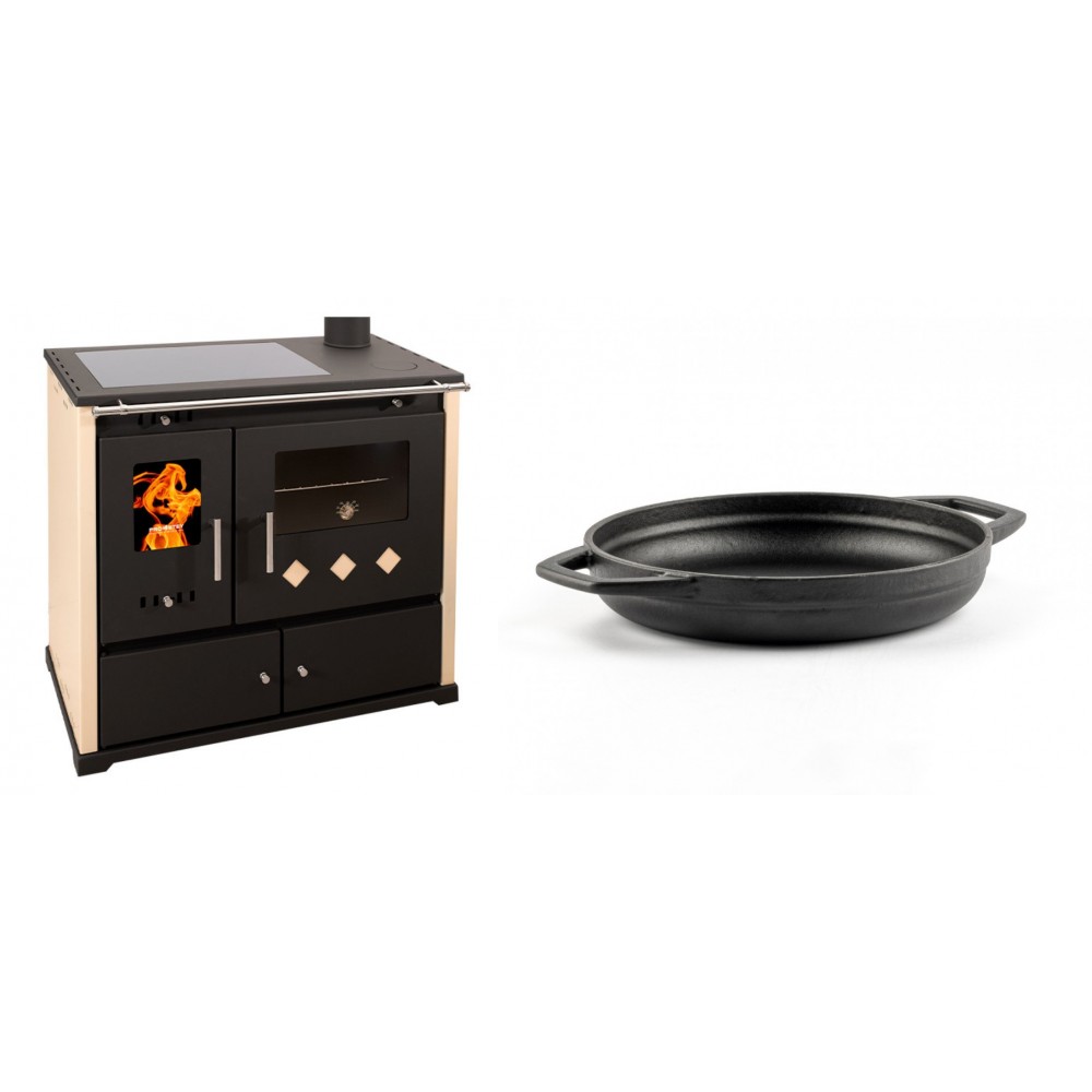 Set Küchenofen / Küchenhexe Prometey Practik Lux mit Cerankochfeld, Rauchabzug rechts, elfenbein, 9.5kW + Emaillierte gusseisenpfanne mit zwei Griffen Solagio, Black Onyx, Ф19cm