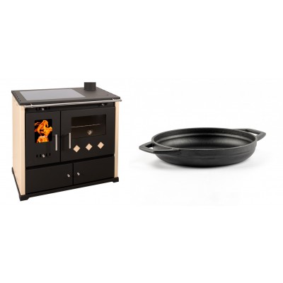 Set Küchenofen / Küchenhexe Prometey Practik Lux mit Cerankochfeld, Rauchabzug rechts, elfenbein, 9.5kW + Emaillierte gusseisenpfanne mit zwei Griffen Solagio, Black Onyx, Ф19cm - Kaminofen - Holzofen mit Backfach