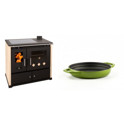 Set Küchenofen / Küchenhexe Prometey Practik Lux mit Cerankochfeld, Rauchabzug rechts, elfenbein, 9.5kW + Emaillierte gusseisenpfanne mit zwei Griffen Solagio, Bamboo, Ф16cm - Kaminofen - Holzofen mit Backfach