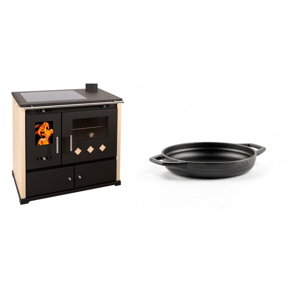 Set Küchenofen / Küchenhexe Prometey Practik Lux mit Cerankochfeld, Rauchabzug rechts, elfenbein, 9.5kW + Emaillierte gusseisenpfanne mit zwei Griffen Solagio, Black Onyx, Ф16cm