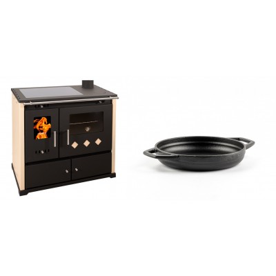 Set Küchenofen / Küchenhexe Prometey Practik Lux mit Cerankochfeld, Rauchabzug rechts, elfenbein, 9.5kW + Emaillierte gusseisenpfanne mit zwei Griffen Solagio, Black Onyx, Ф16cm - Kaminofen - Holzofen mit Backfach