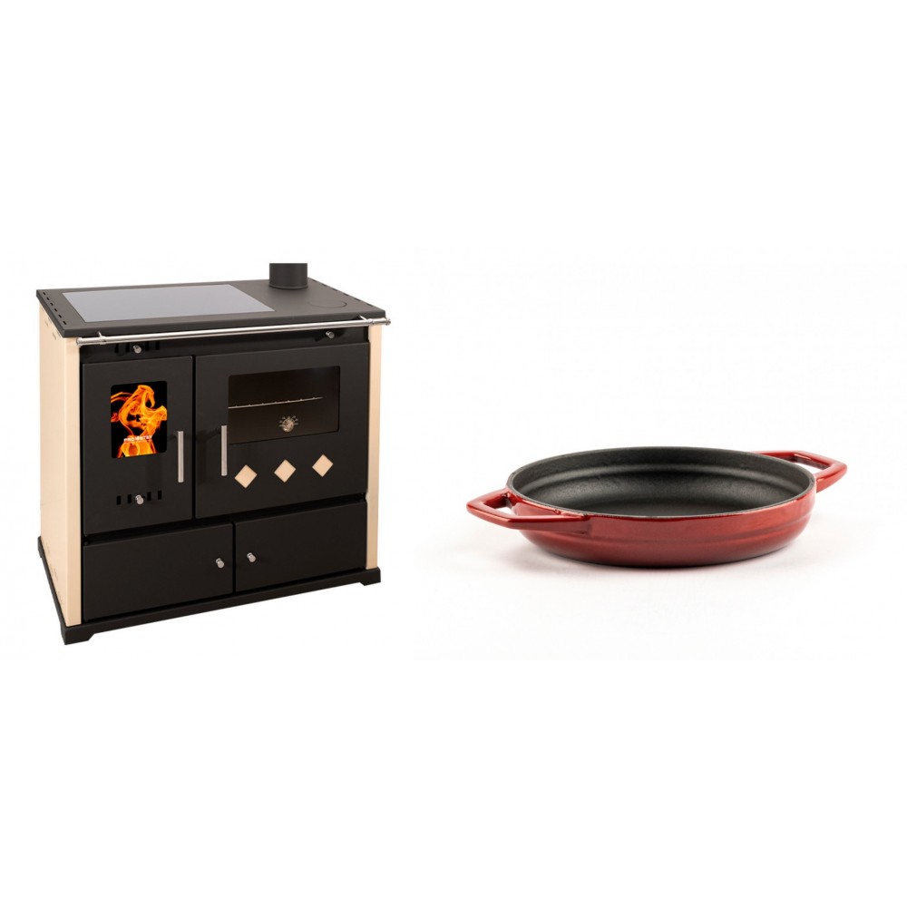 Set Küchenofen / Küchenhexe Prometey Practik Lux mit Cerankochfeld, Rauchabzug rechts, elfenbein, 9.5kW + Emaillierte gusseisenpfanne mit zwei Griffen Solagio, Rubin, Ф16cm | Kaminofen - Holzofen mit Backfach | Kaminofen |