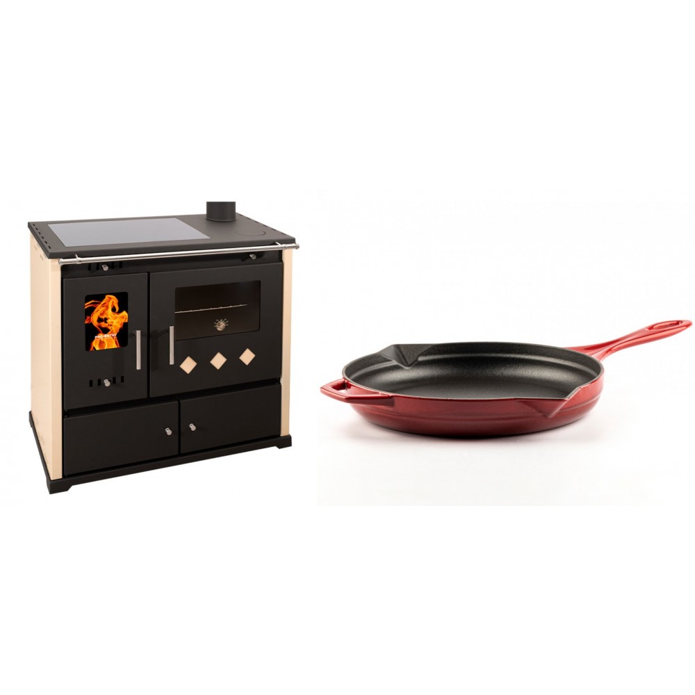 Set Küchenofen / Küchenhexe Prometey Practik Lux mit Cerankochfeld, Rauchabzug rechts, elfenbein, 9.5kW + Emaillierte Gusseisenpfanne Solagio, Rubin, Ф28cm